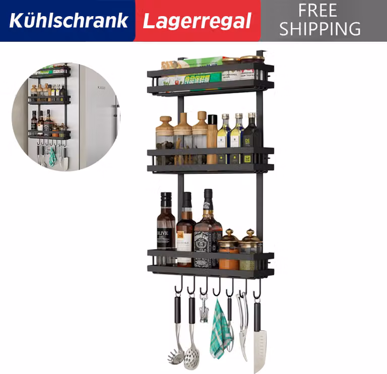portaspezie a 3 livelli Scaffale per frigorifero con 6 ganci Scaffale per porta Scaffale per cucina Portaspezie, WHT circa: 39x70x6,5 cm