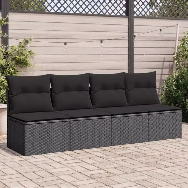Divano da giardino con cuscini 4 posti nero in polyrattan