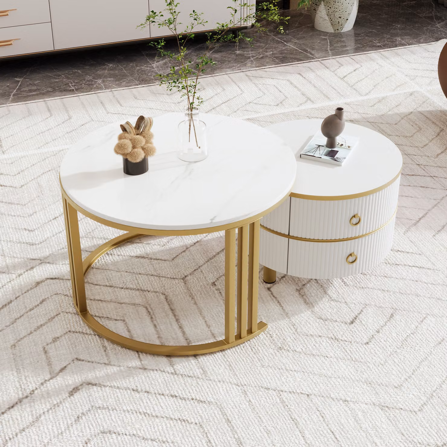 Okwish tavolino 2 in 1, tavolino rotondo in MDF con piano lucido e 1 piano in marmo bianco, tavolino combinato con 2 cassetti - bianco