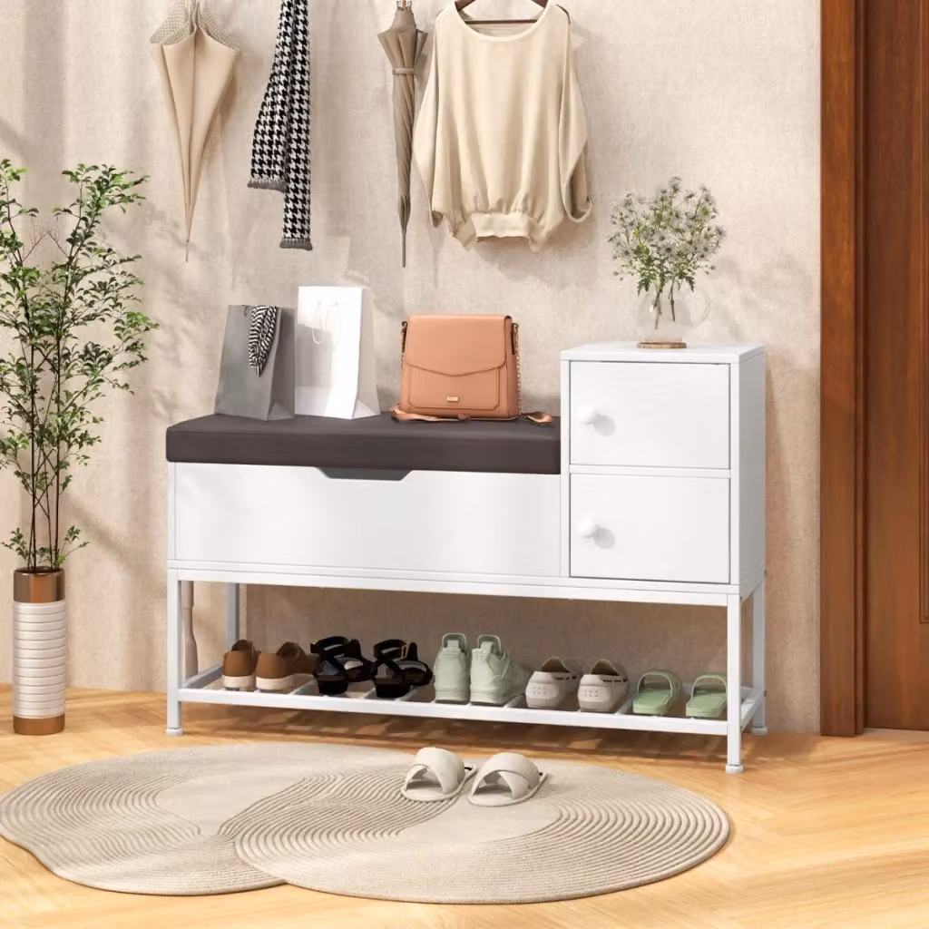 Panchina da ingresso Design Mania con porta scarpe, vano a ribalta e 2 armadietti, disponibile in bianco o grigio con seduta in ecopelle – 2