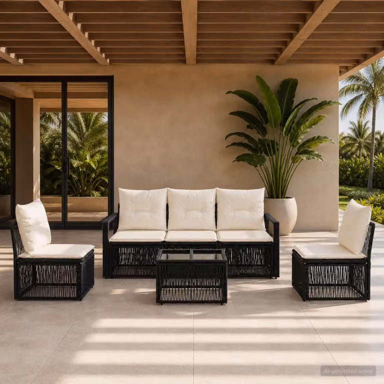 Set Divano da Giardino vidaXL 6 Pezzi in Polyrattan Nero con Cuscini e Tavolino