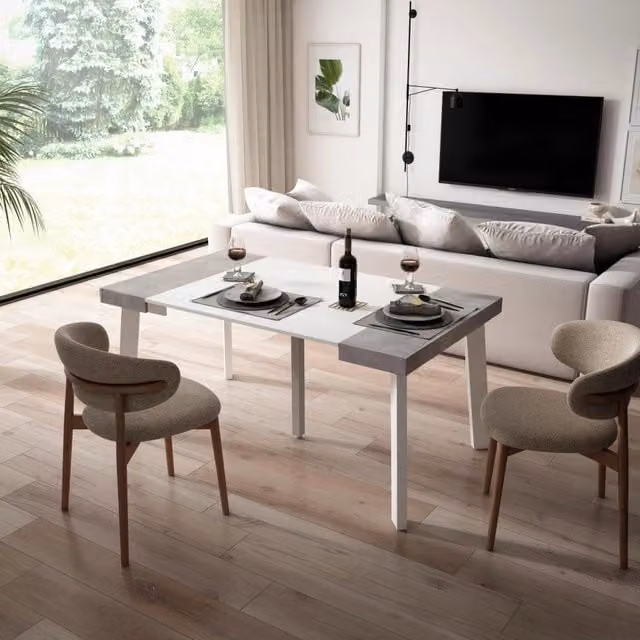 Consolle allungabile, 160x90x73cm, Per 8 persone, Gambe in legno, Bianco e grigio cemento RF3131