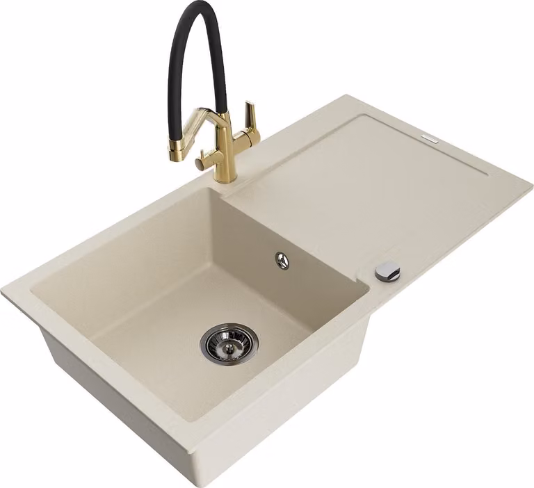 Mexen Leo lavello in granito 1-vasca con sgocciolatoio e miscelatore cucina Duo, beige - 6501-69-671701-57-B