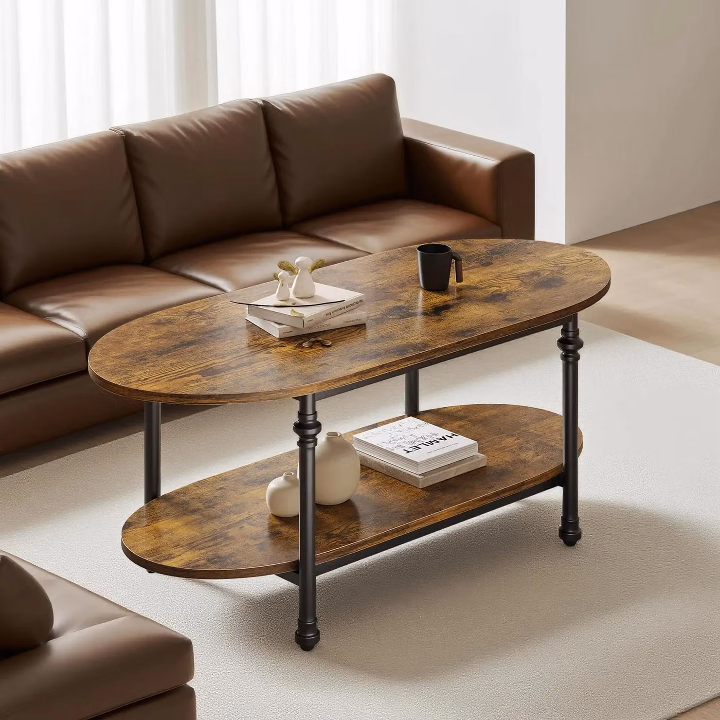 Tavolino ovale - Tavolino da salotto a 2 piani con ripiano - Gambe in metallo con design a colonna romana - Adatto per soggiorno e ufficio - Dimensioni: 120x54x43,5 cm - Colore: 02