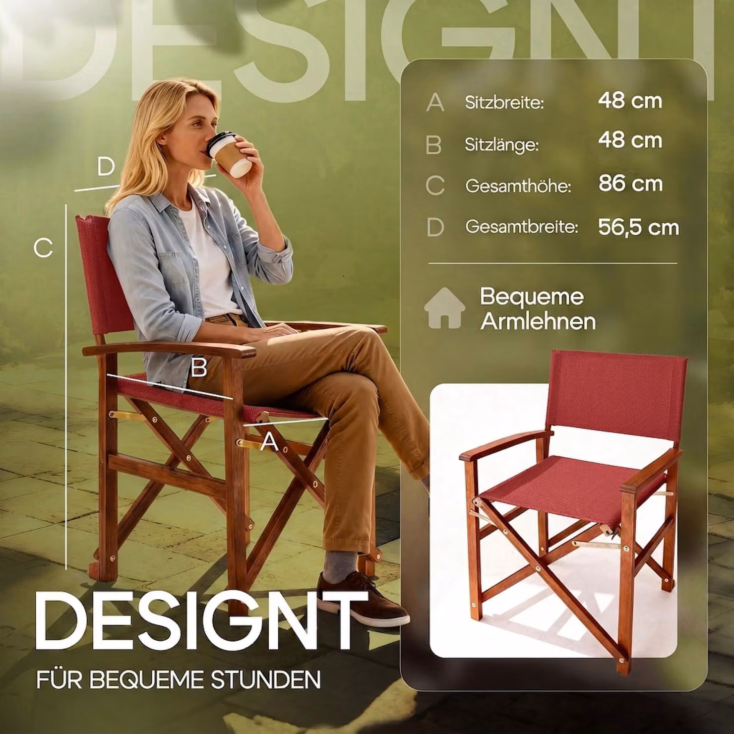 Sedia da regista pieghevole Casaria® in legno oliato rossa per giardino e balcone H: 86 cm, L: 59 cm, P: 54 cm – 4