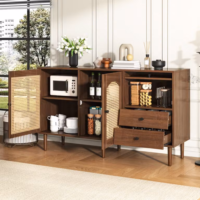 Cassettiera AIORBER, con ante in rattan, credenza, ripiani regolabili, chiusura magnetica, per sala da pranzo, soggiorno, 130x75,5x40cm, colore legno