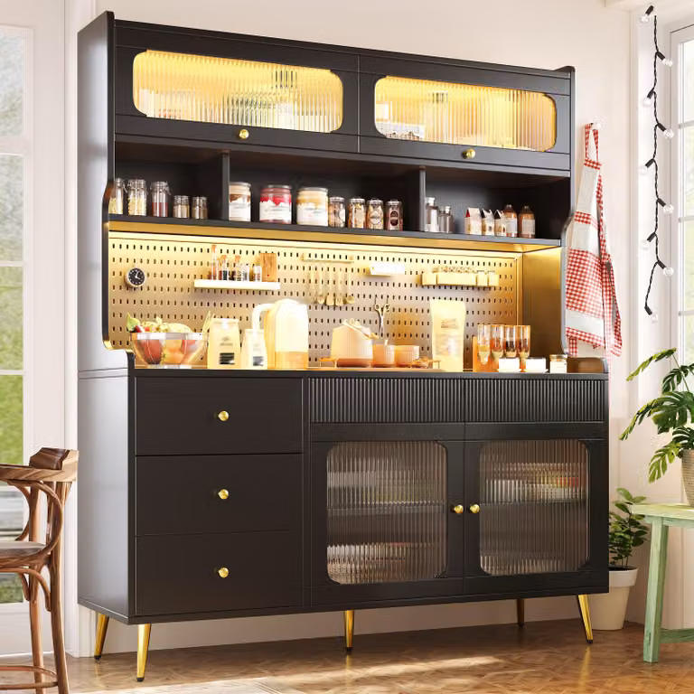 Mobile contenitore moderno con illuminazione a LED e controllo tramite app, pensile da cucina con pannello forato, cassetto e ripiani in vetro, mobile alto 145x39x171 cm, colore nero