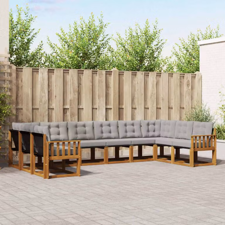 vidaXL Set di divani da esterno a L in legno di acacia e tessuto textilene, 10 pezzi, Grigio