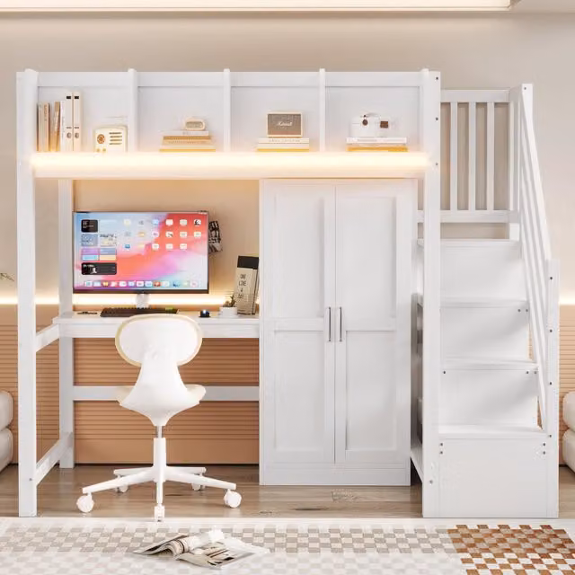 Letto a Soppalco 90x200 cm in Legno Bianco con Scrivania; Armadio e Scala Contenitore