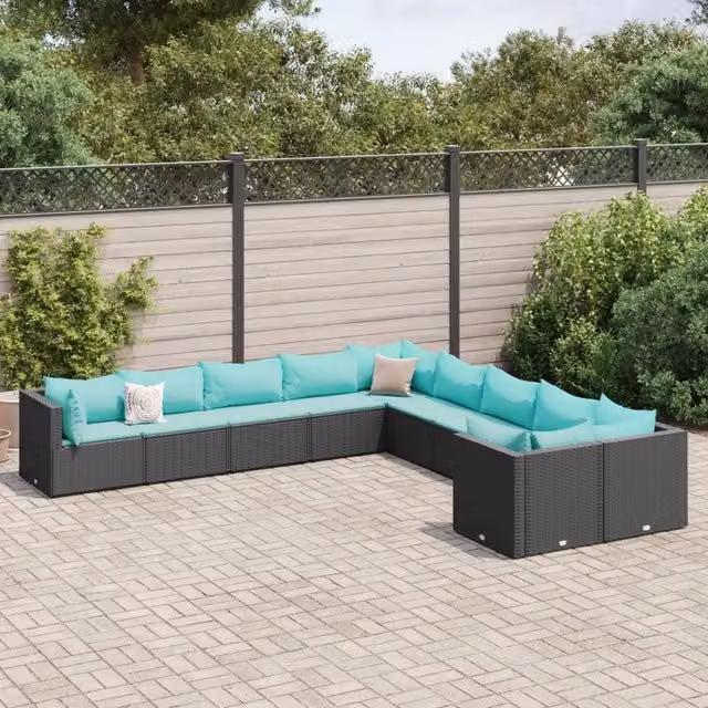 Set di Divani da Giardino vidaXL in Polyrattan Nero con Cuscini Blu e Struttura in Acciaio Verniciato a Polvere – 1