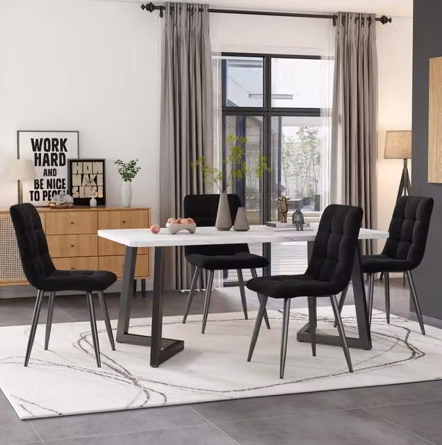 Set tavolo da pranzo rettangolare con 4 sedie in velluto nero e gambe nere