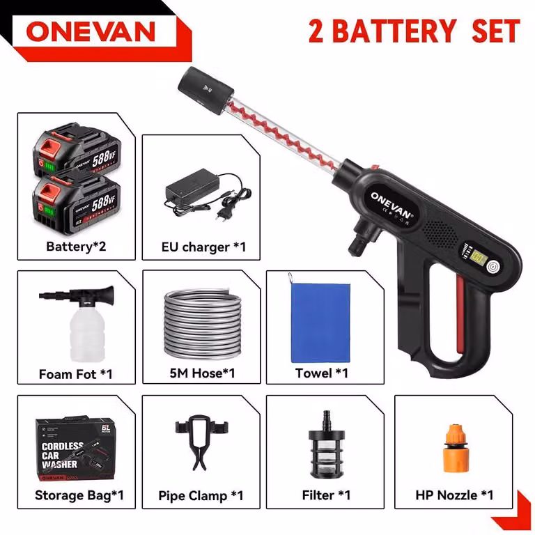 Idropulitrice a batteria - Senza spazzole - 220 bar - 3 livelli di potenza - 2 batterie incluse - Ideale per il lavaggio auto e l'irrigazione del giardino - Colore: arancione