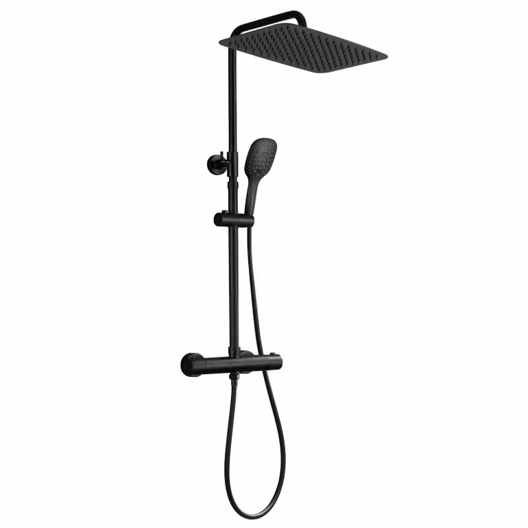 JOHO Colonna Doccia Miscelatore, Saliscendi Altezza Doccia Regolabile Set Termostatico Sistema Pioggia Set Soffione Silicone Doccetta Nero 35x25cm