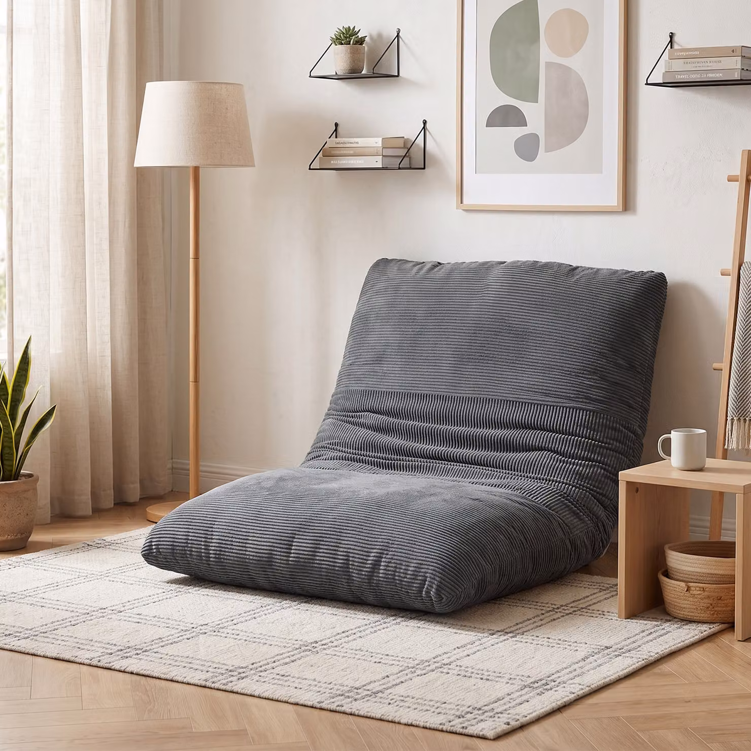 Poltrona da pavimento HOMCOM 2-in-1 pieghevole in velluto a coste grigio per lettura e gaming – 2