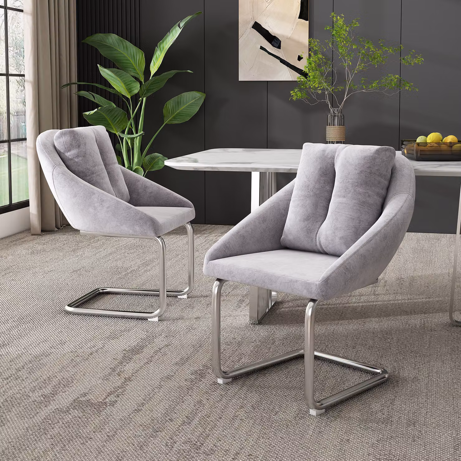 Set di 2 sedie per sala da pranzo Flieks, sedia da cucina a sbalzo con cuscino, sedia imbottita da soggiorno con rivestimento in velluto, grigio