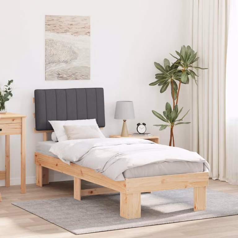 Letto moderno vidaXL con testiera rivestita in tessuto grigio e struttura in legno di pino L: 190 cm, P: 78 cm, H: 93 cm
