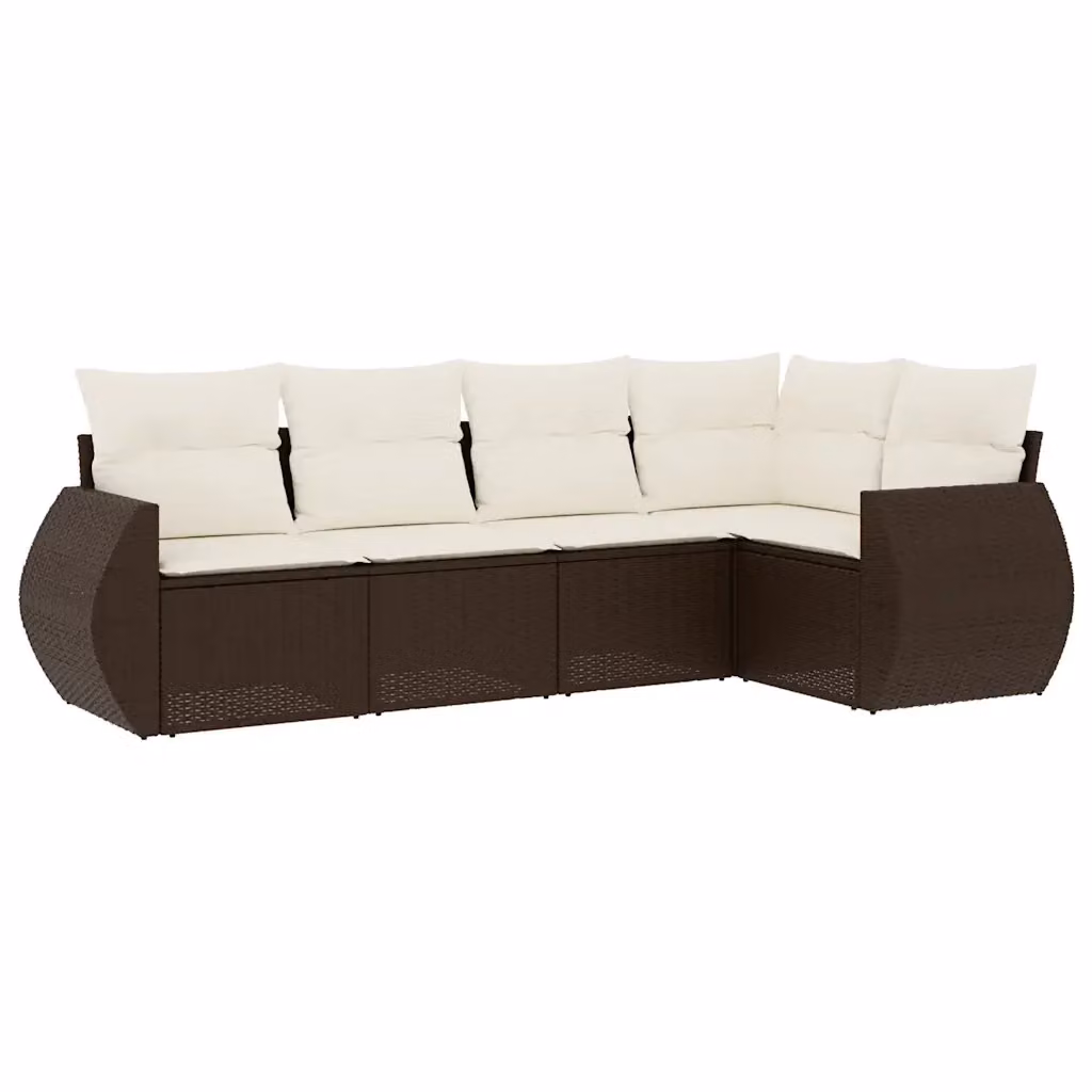 Set Divano da Giardino vidaXL 5 pz a Forma a L in Polyrattan Marrone con Cuscini Bianchi e Rivestimenti Rimovibili – 2