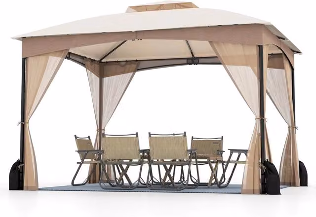 Gazebo da Giardino 3 x 3,6 m, Gazebo con Zanzariera a Doppia Copertura con Sacchetti di Sabbia e Picchetti a Terra, Tenda Impermeabile con Struttura in Metallo per Prato (Kaki)