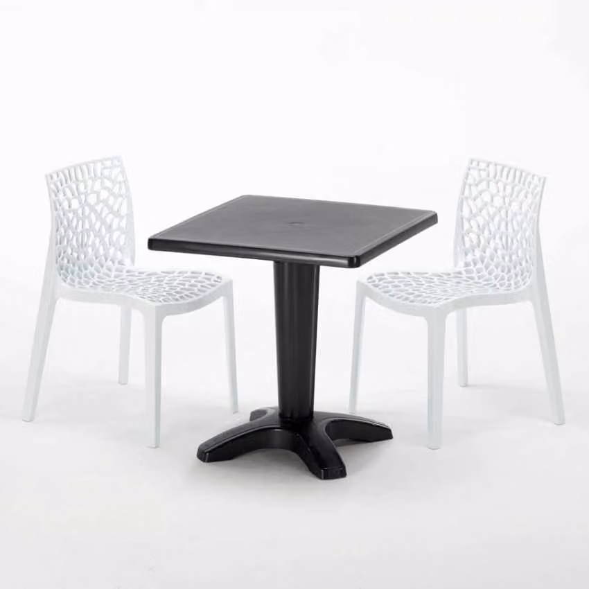 Tavolo quadrato nero e 2 sedie Set di aste per interni in polipropilene colorato Grand Soleil Gruvyer Aia - Bianco