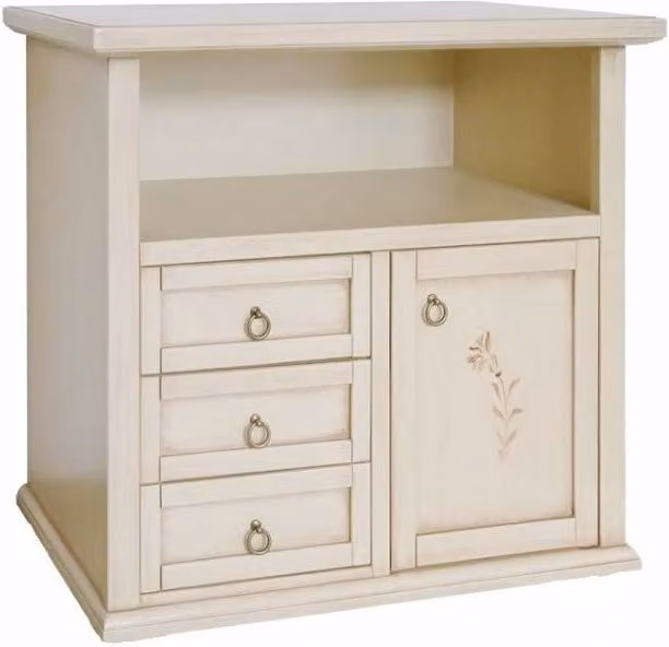 Porta TV Mobili 2G in legno stile shabby chic color bianco e beige con 1 anta e 3 cassetti L: 84 cm, P: 40 cm, H: 80 cm – 1