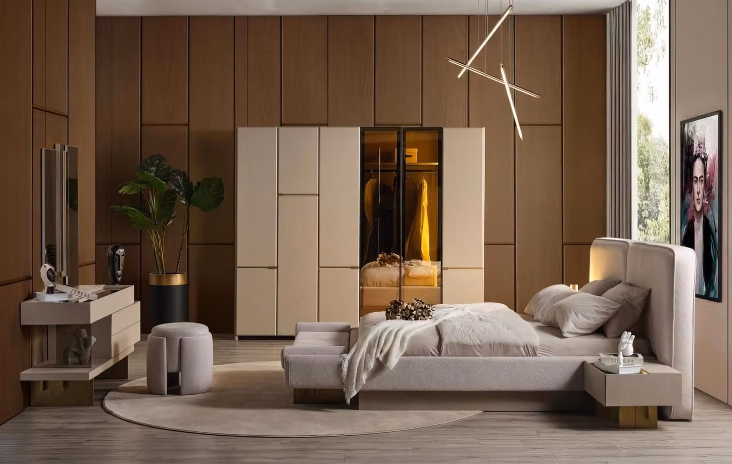 Set per camera da letto: letto, armadio, comodino, tavolino da trucco, specchio, colore beige