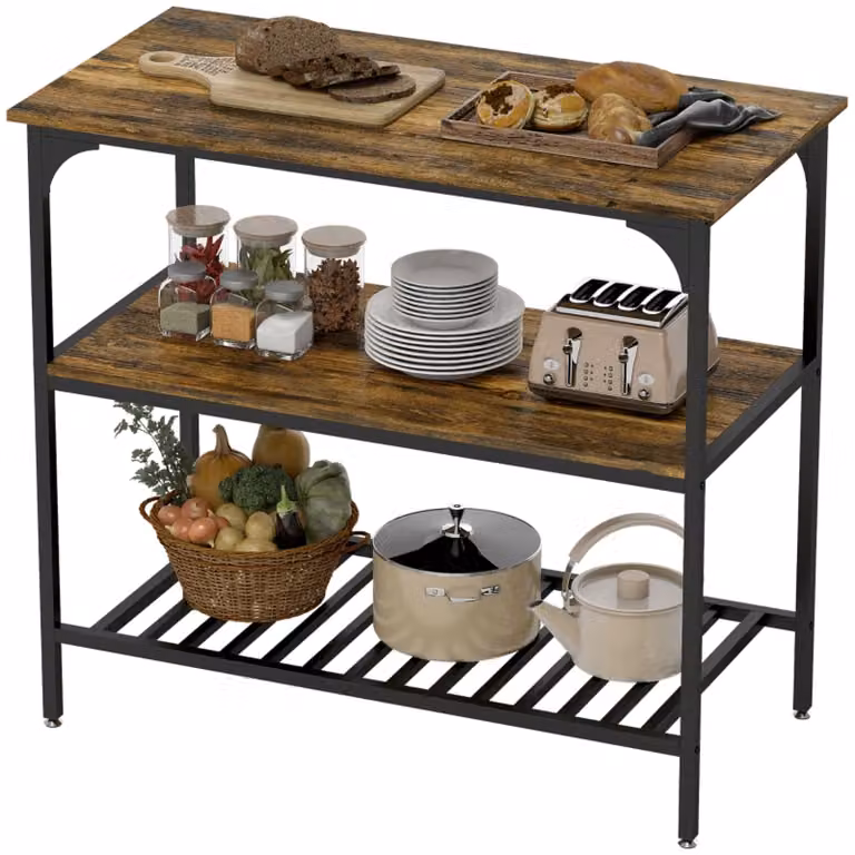 Scaffale da panetteria, scaffale da cucina a 3 ripiani con struttura in acciaio, marrone rustico + nero, effetto legno