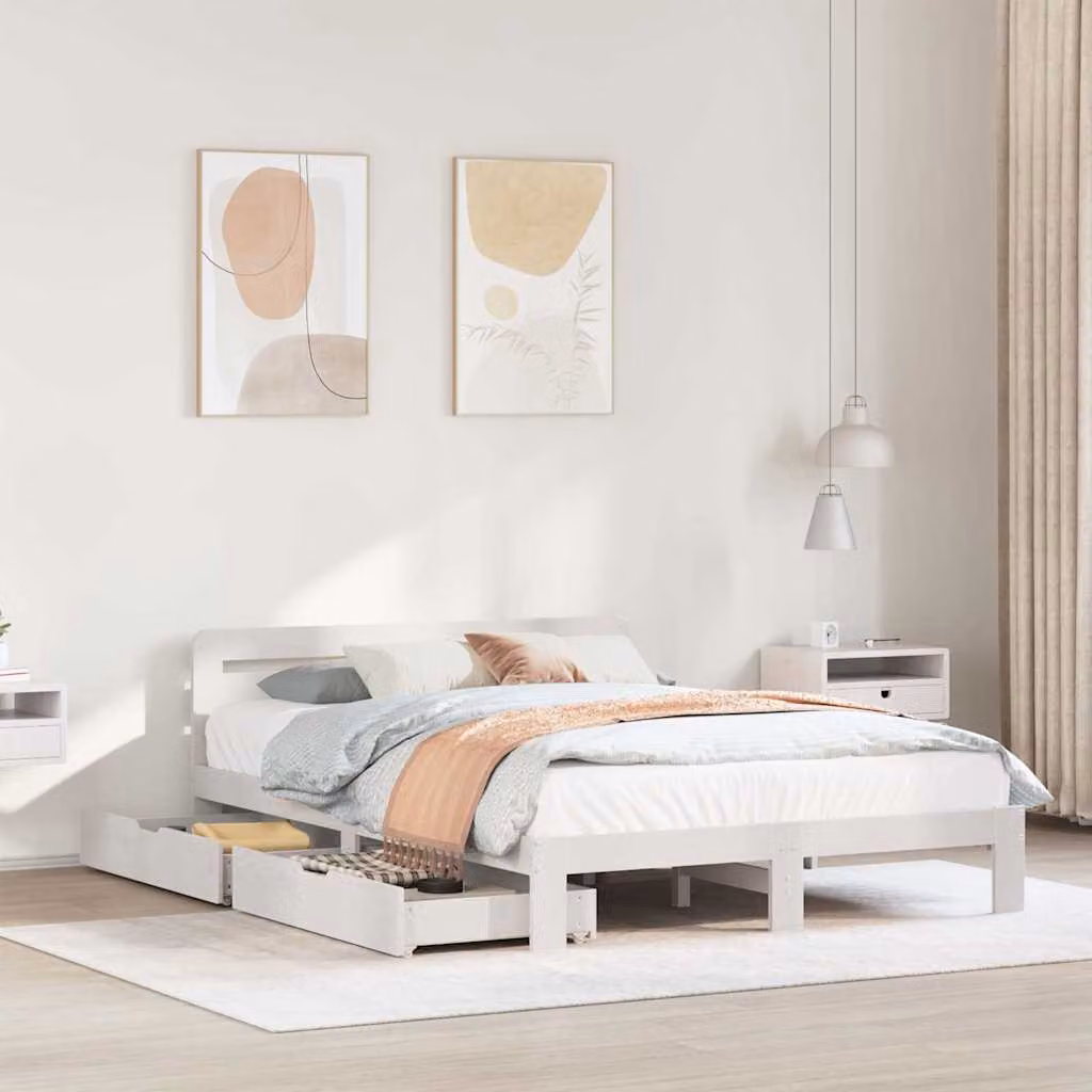 vidaXL Giroletto in legno massello di pino bianco con doghe piatte e fisse L/P/H: 200 x 140 x 65,5 cm