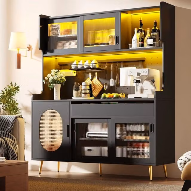 Credenza da cucina con 5 ante, cassetti, pannello forato e illuminazione LED per cucina, MDF nero, 145 × 39 × 171 cm