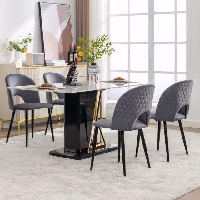 Sedia da sala da pranzo OKWISH in velluto grigio con schienale trapuntato geometrico e struttura in metallo e legno