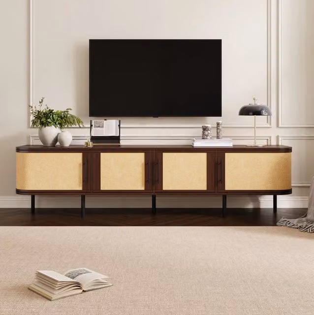 Mobile TV basso in MDF con 4 ante e frontali effetto intrecciato; 180 × 40 × 45 cm; noce
