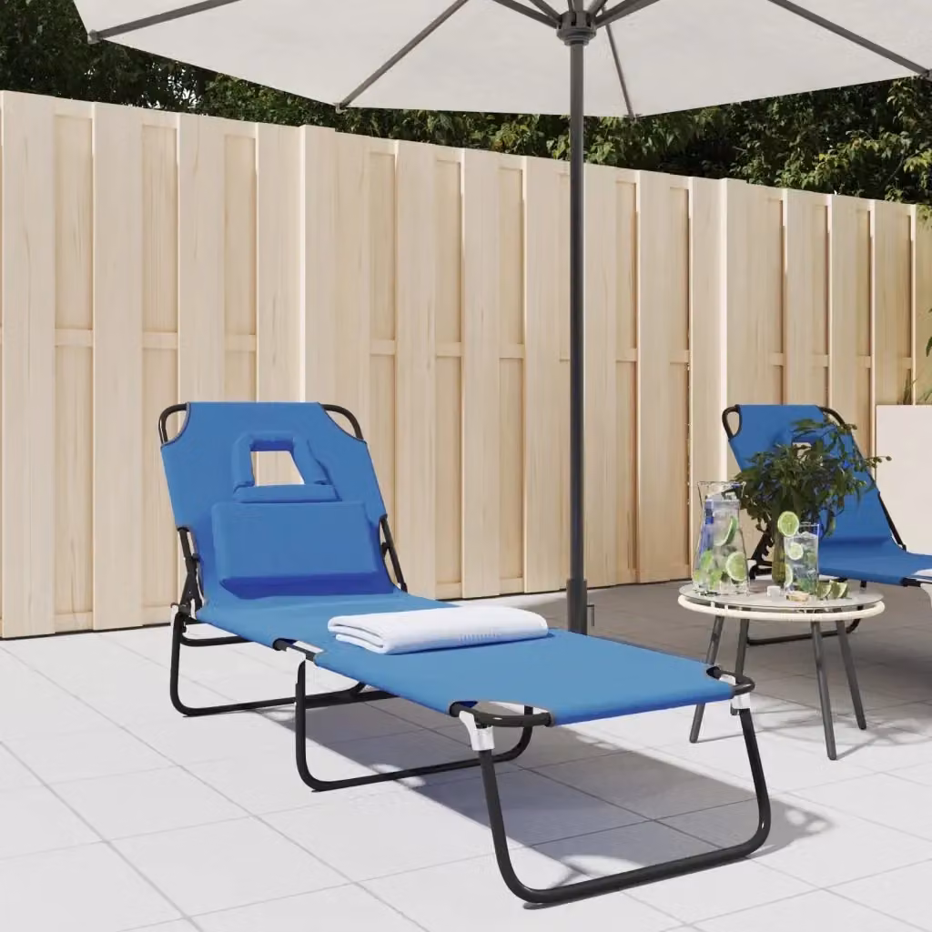 Lettino prendisole pieghevole blu in tessuto Oxford e acciaio con poggiatesta regolabile per giardino e terrazza – 2