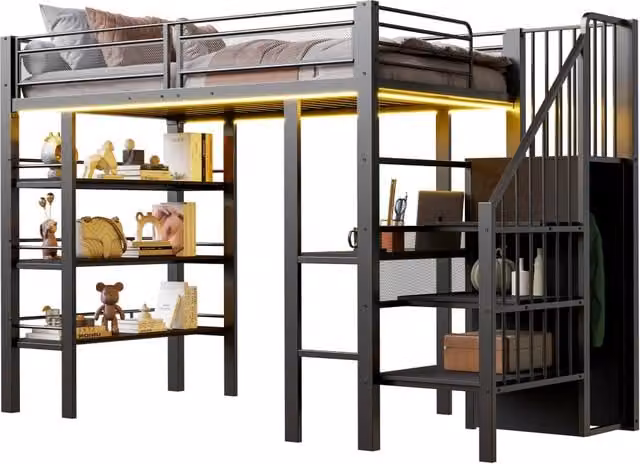 Letto a soppalco singolo in metallo nero con scrivania, ripiano, luci LED e porta USB, L/P/H: 200 x 90 x 178,5 cm
