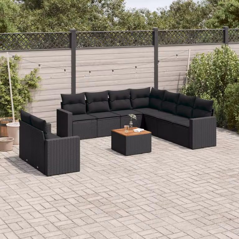 Set di divani da giardino vidaXL in polyrattan nero con cuscini e tavolino da esterno