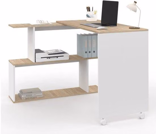 Scrivania angolare girevole in rovere e bianco – alta qualità – materiale sostenibile – design elegante – adatta all'uso quotidiano – look moderno – combinazione di comfort e funzionalità