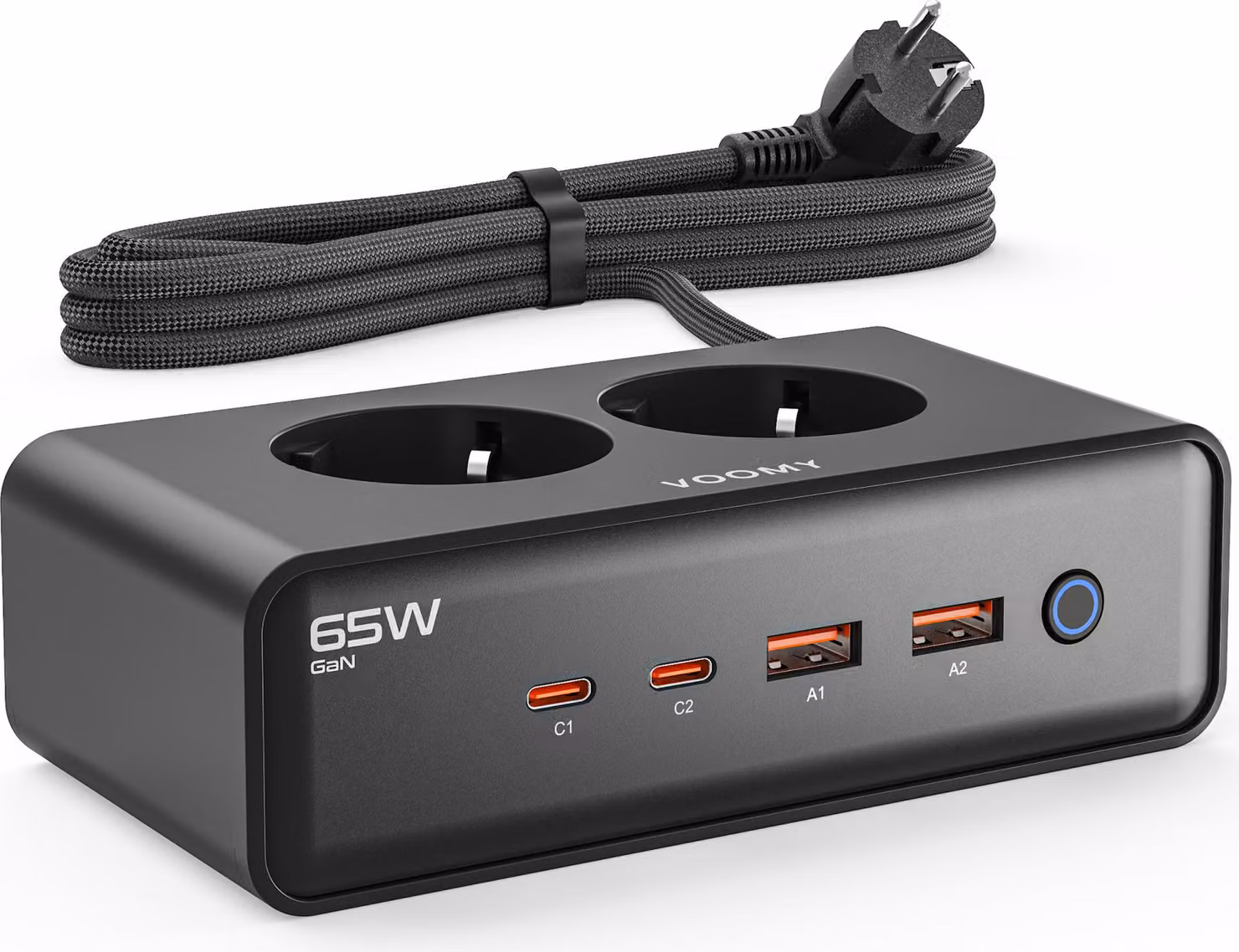 VOOMY 6-in-1 ciabatta 65W USB-C - 2x USB-C e 2x USB-A - Presa multipla con 2 slot - 4000W - Cavo 2M - Nero