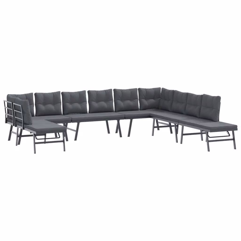Set Panche Giardino Cuscini 7pz Nere Acciaio Verniciato Polvere