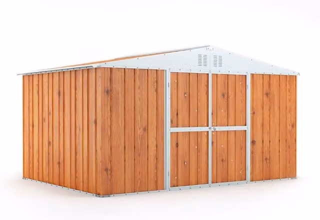 Casetta Box da Giardino Enaudi in Acciaio Zincato Marrone con Doppia Porta e Serratura L: 403 cm, P: 269 cm, H: 217 cm