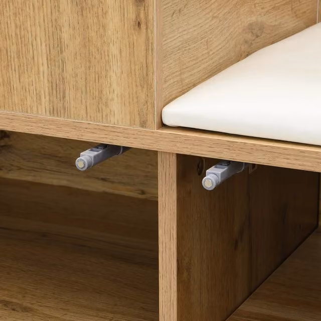 Set da ingresso con 5 ganci; specchio con asta nascosta; 2 scarpiere e panca; MDF; nero e legno; 191x100x38 cm