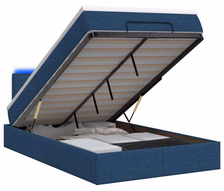 Panca contenitore con materasso e illuminazione LED blu, dimensioni 120 x 190 cm, rivestita in tessuto