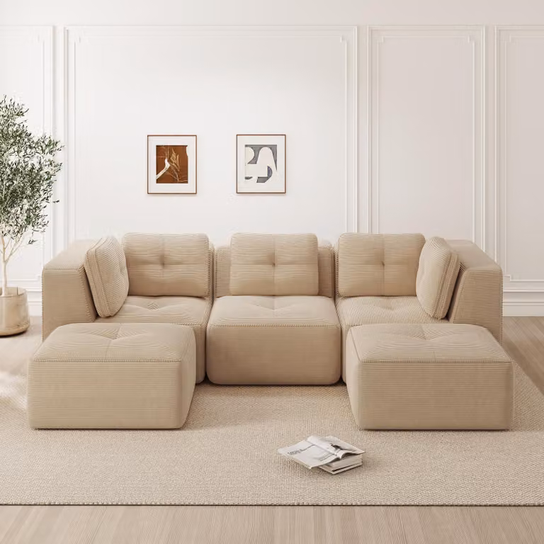 Divano angolare a forma di U, beige, modulare, in corda, con poggiapiedi, divano componibile da 3 posti con seduta profonda, senza struttura, da assemblare, dimensioni 297x177x69 cm