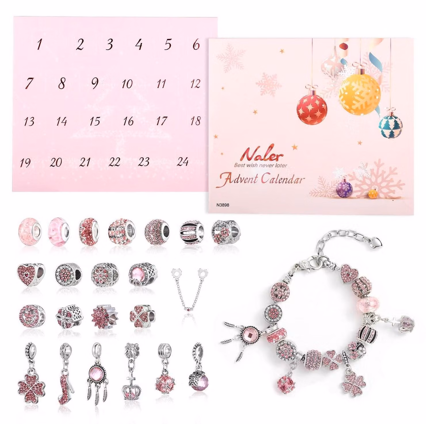 Calendario dell'Avvento con gioielli, confezione da 24 pezzi: perline di vetro rosa con catene e bracciale