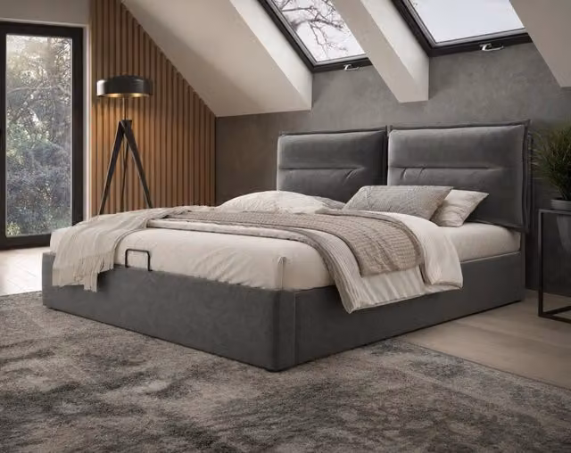 Letto matrimoniale imbottito grigio 140x200 cm con testiera regolabile e contenitore, struttura in metallo e tessuto in velluto