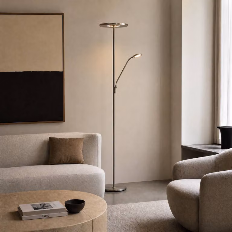 Lampada da terra con luce lettura Raymond Lucande, dimmerabile, Alluminio / Grigio / Zincato, Soggiorno / Sala da pranzo, Metallo, Moderno, Lampada LED da terra