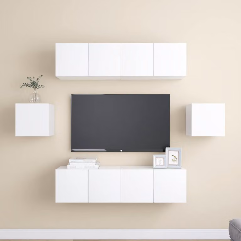 Set di mobili porta TV moderno vidaXL da 6 pezzi in legno e MDF bianco per soggiorno, da appendere a parete
