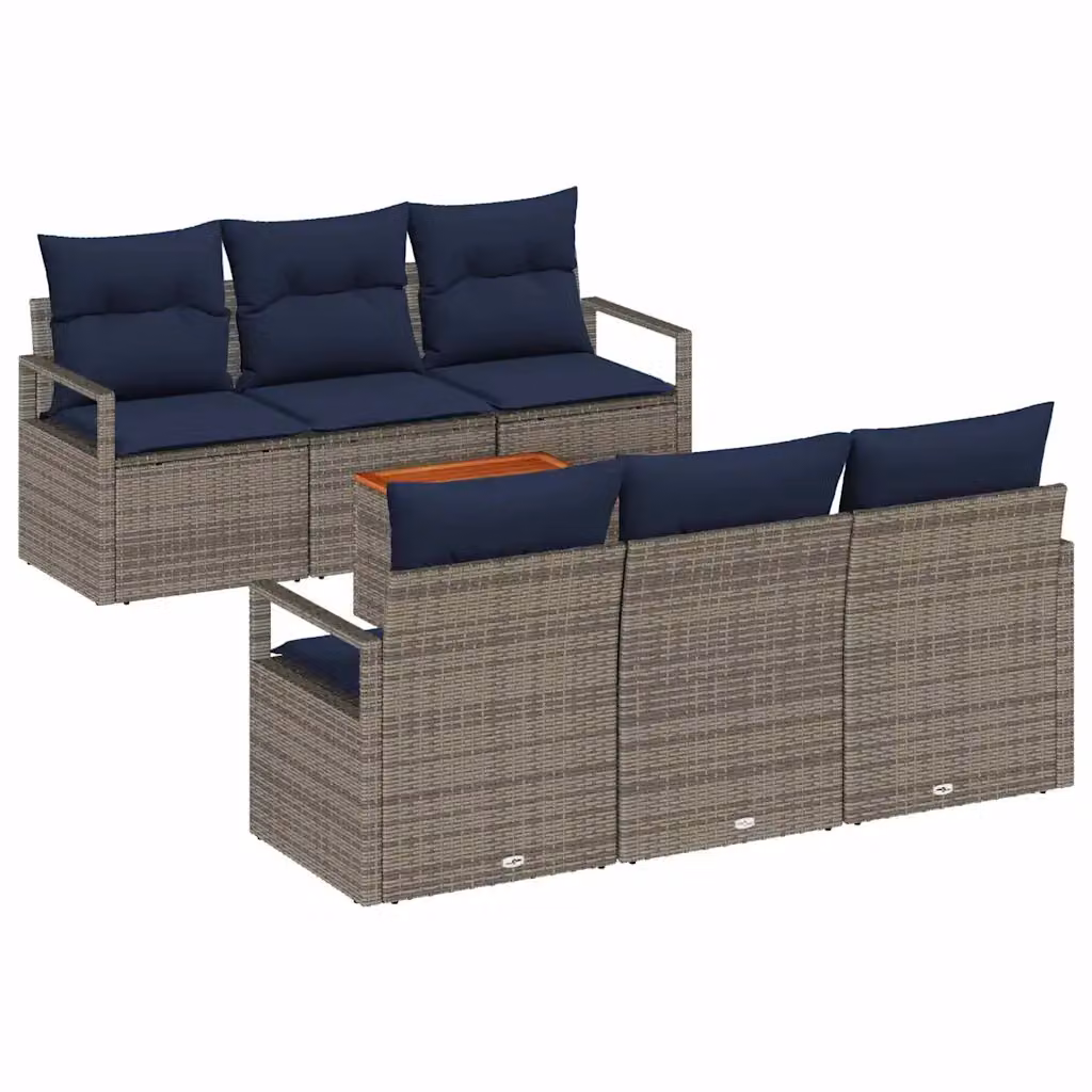 Set Divano da Giardino a L vidaXL 7 Pezzi con Tavolino, Polyrattan Grigio e Blu con Cuscini Imbottiti e Rivestimenti Rimovibili