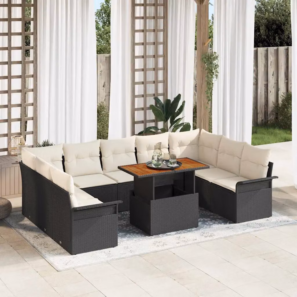 Set Divano da Giardino Moderno vidaXL in Legno di Acacia e Metallo, Nero e Beige – 1