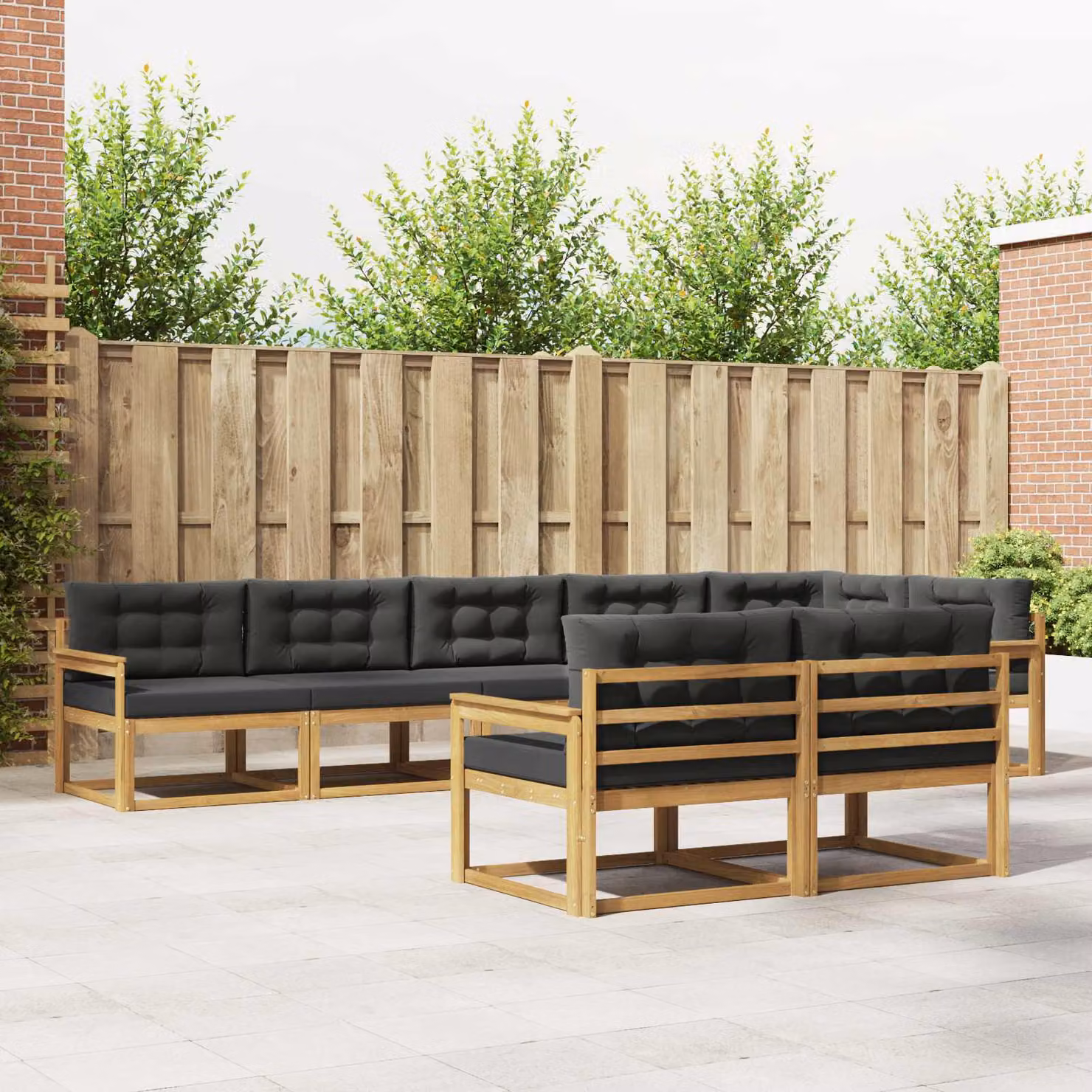 Set di divani da esterno vidaXL a forma di L composto da 6 pezzi in legno di acacia con cuscini bianchi e antracite in poliestere resistente ai raggi UV
