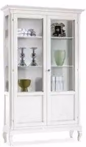 Vetrina KIVIO in legno stile Shabby Chic bianco con 2 ante in vetro e ripiani interni, H: 207 cm, L: 126 cm, P: 44 cm