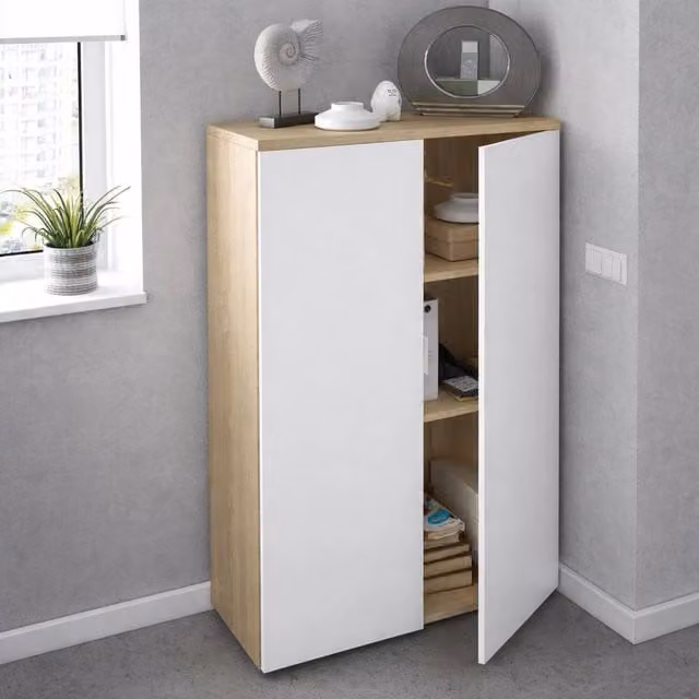 Armadio Multiuso Dionisio DMORA con 2 Ante e Ripiani, Marrone Rovere e Bianco, L: 80 cm, P: 32,5 cm, H: 119 cm