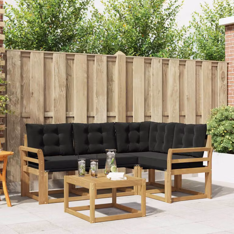 Set di divani da esterno vidaXL a forma di L con tavolo da caffè, struttura in legno di acacia e sedute in textilene, Bianco, Nero e Marrone